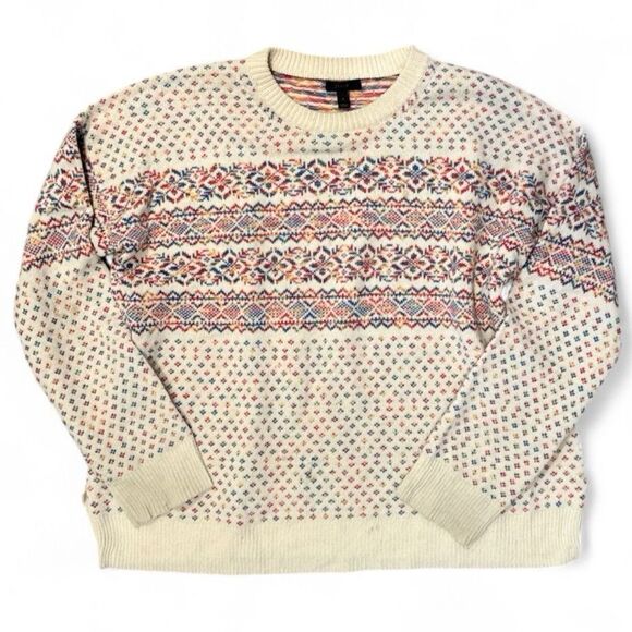 J.Crew 100% Wool Fair Isle Crewneck Sweater Cream Multicolor Nordic Knit L - Picture 1 of 11